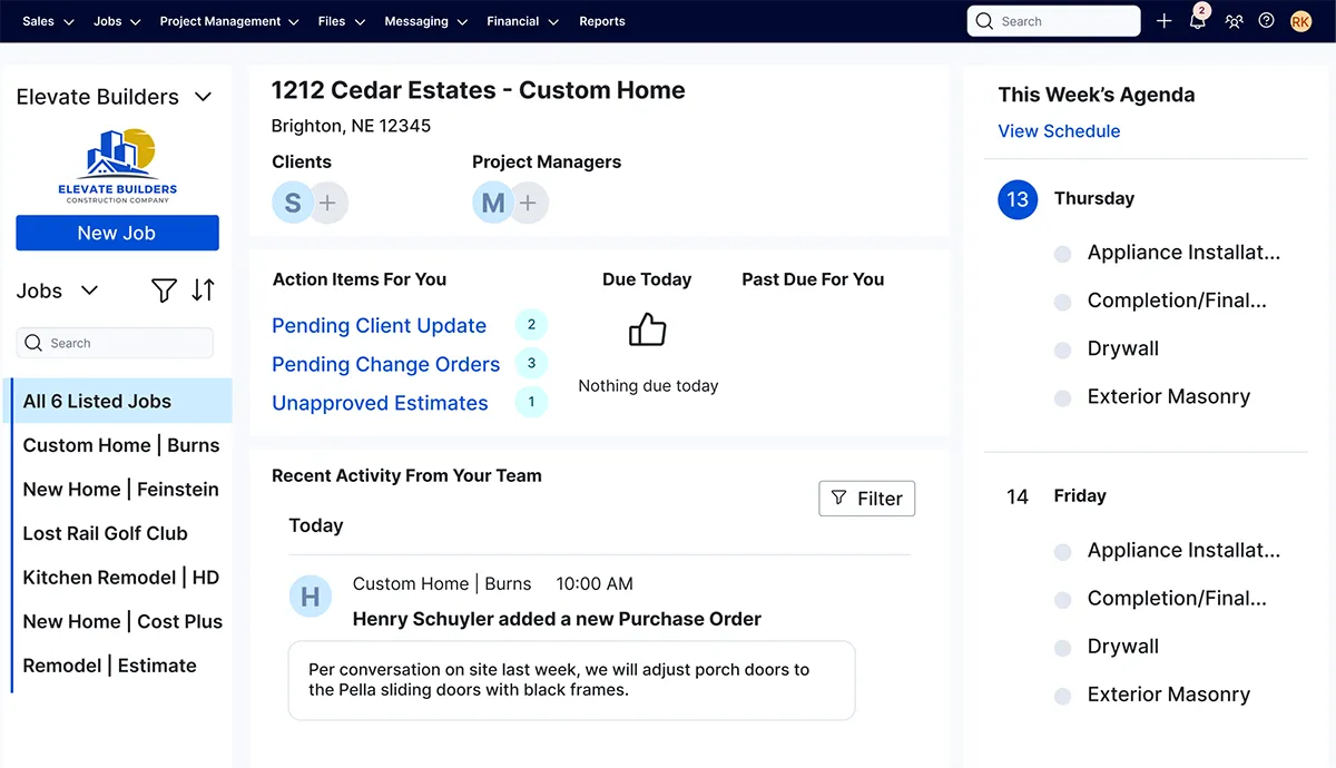 Buildertrend dashboard showing custom home project details, action items, and weekly agenda.
